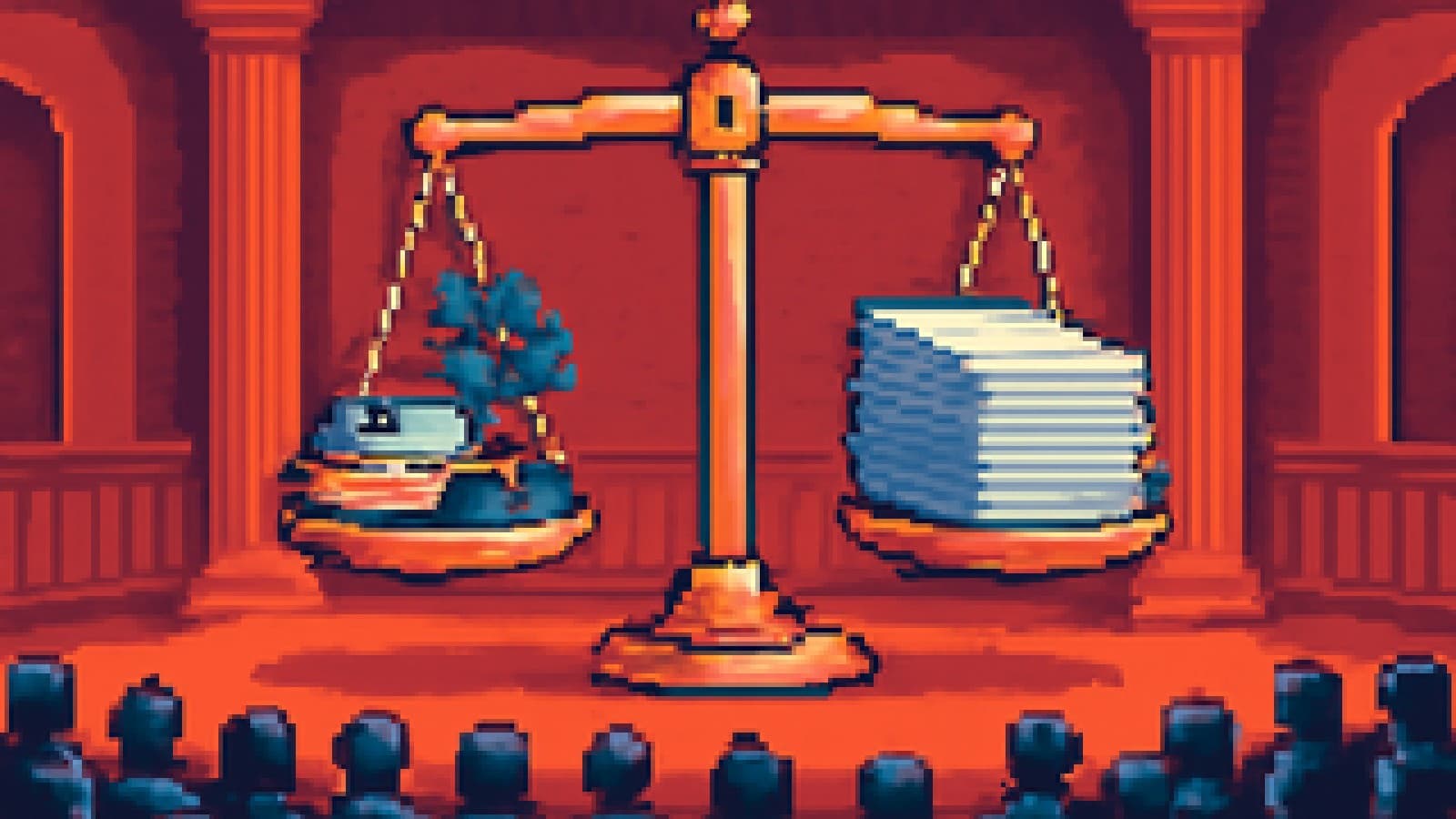 Pixel-art courtroom scales tipped toward a pile of newspapers and away from a stack of library books