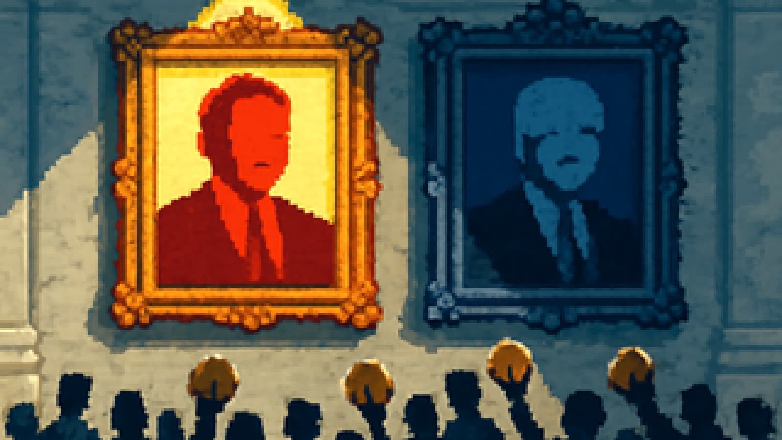 Two empty ornate portrait frames in a marble hall, one spotlit and one in shadow, with a small crowd holding up coins