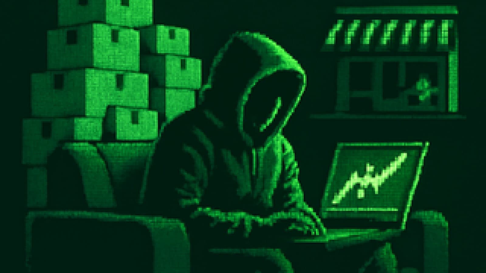 Pixel-art trader on a couch buried in delivery boxes, a green chart glowing, a small grocery store far in the background.