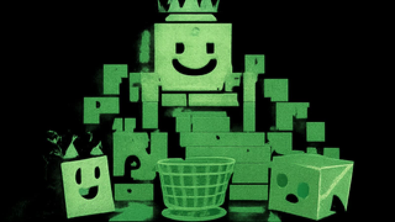 Pixel-art crowned cardboard parcel on a throne of boxes, with a grocery bag, a warehouse cart and a glass cube looking up at it.