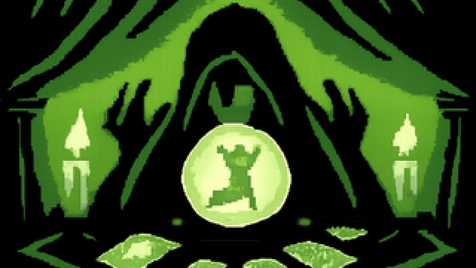 Pixel-art crystal ball glowing with a tiny celebrating footballer, surrounded by tarot cards and candles.