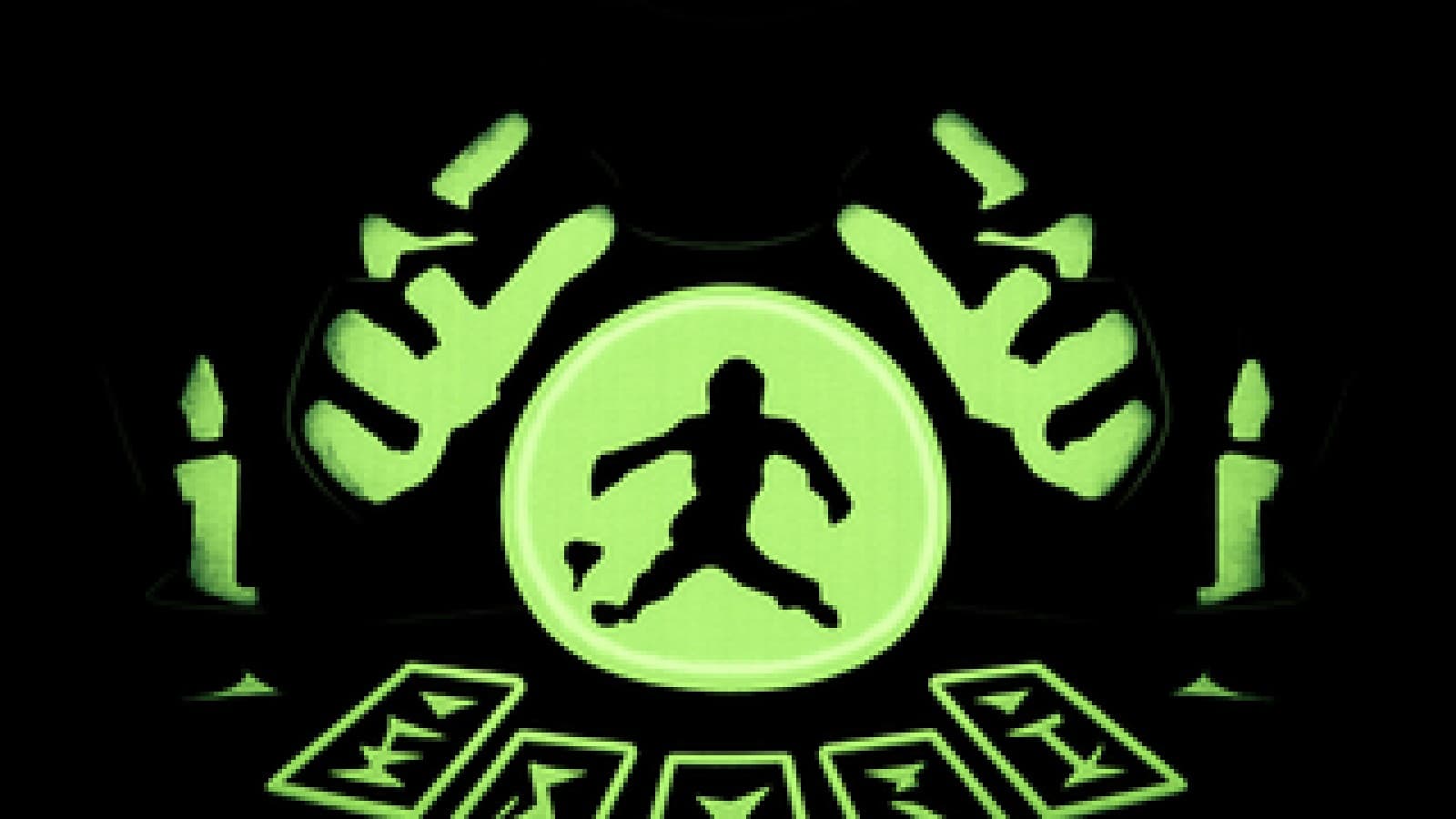 Pixel-art crystal ball showing a crowned footballer striking a ball, with tarot cards on a velvet table and candlelight all around.