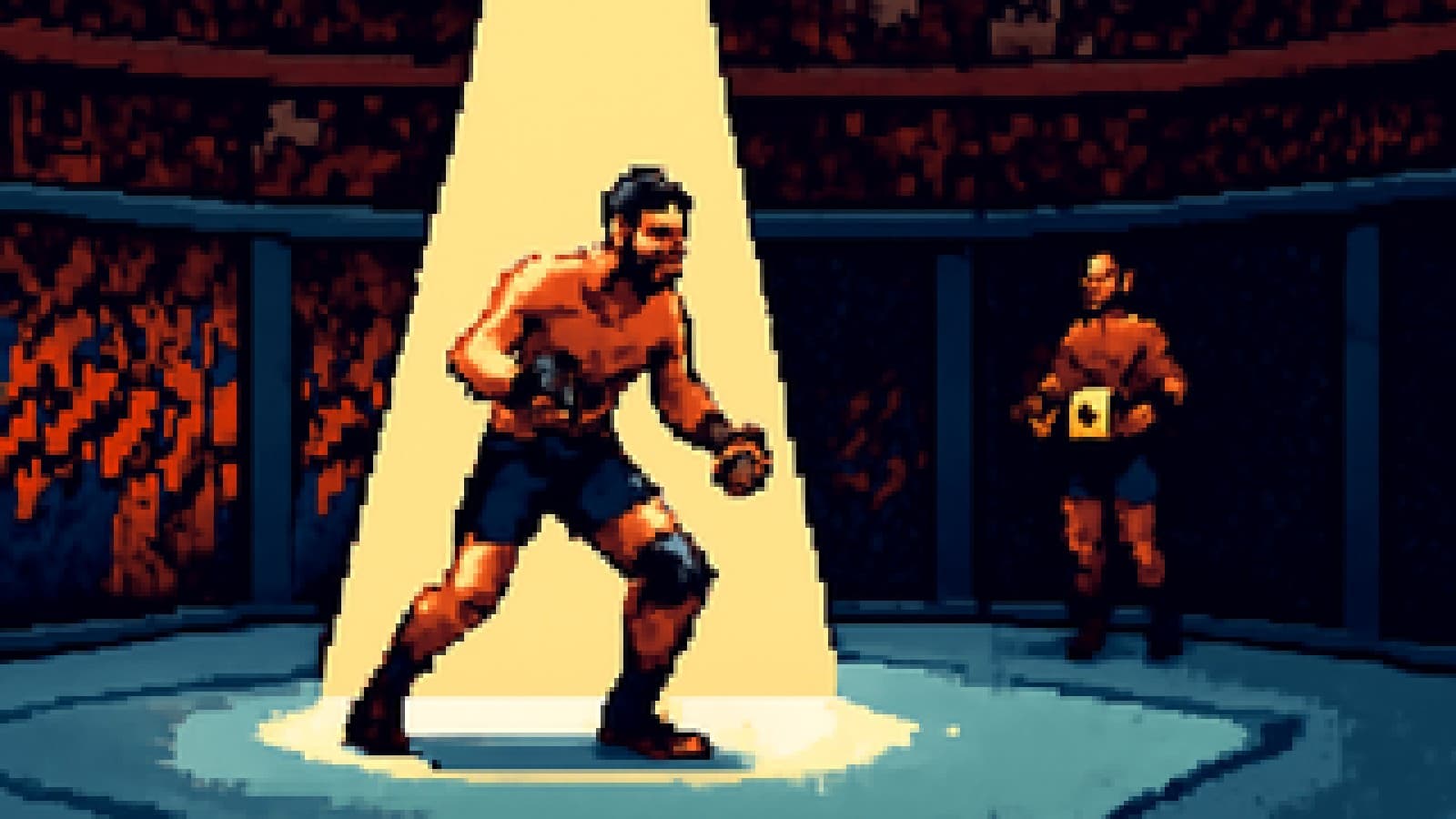 Pixel-art UFC octagon with an injured fighter in the spotlight and a belt-holding champion standing in shadow.