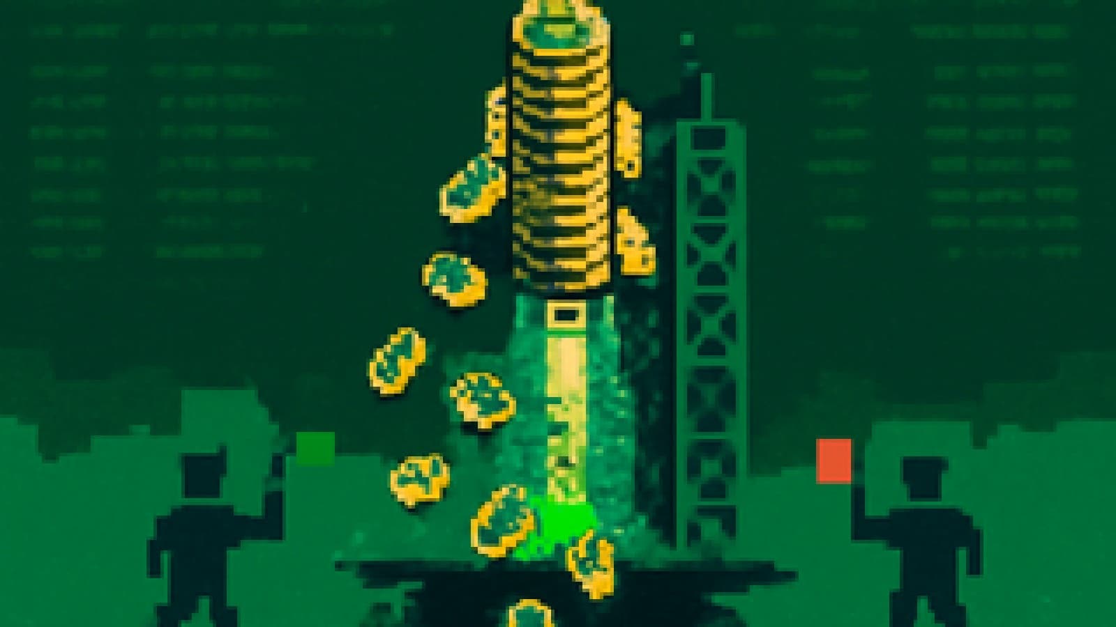 Pixel-art rocket built from gold coins launching while some coins fall into a pit, with small traders waving green and red flags on either side.