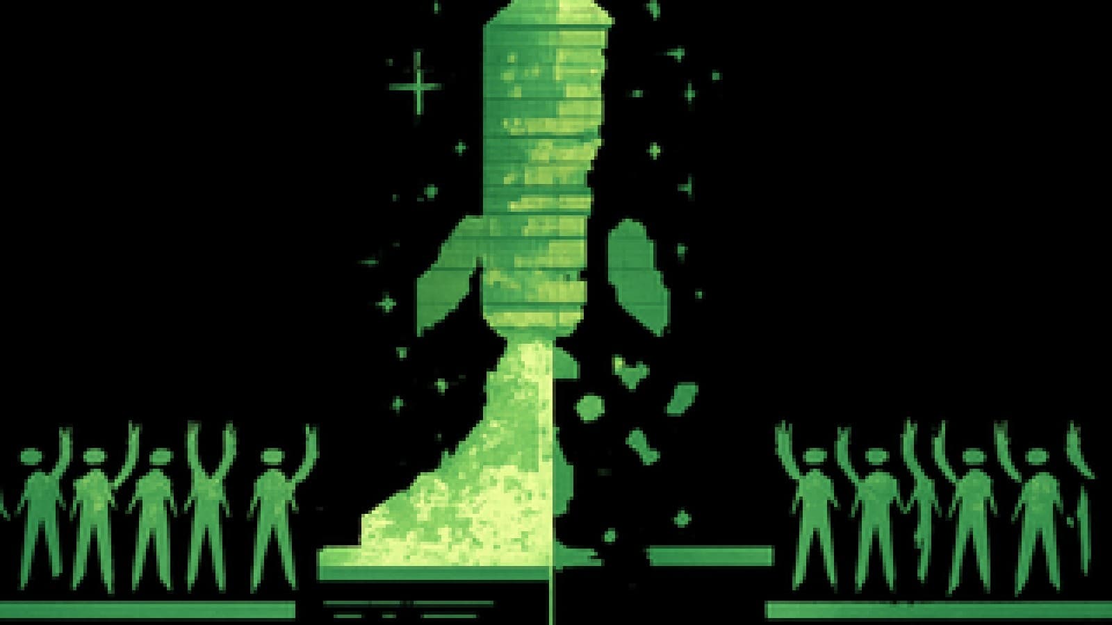 Pixel-art rocket made of gold coins, half flying upward and half crumbling into a pit, between two cheering crowds of traders.