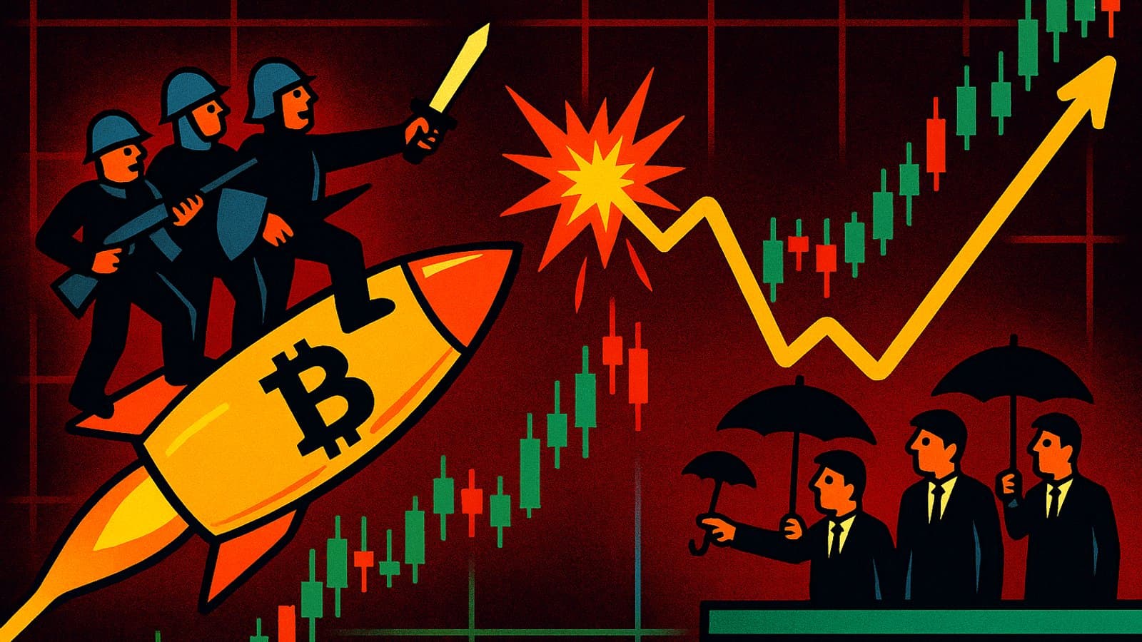 Illustration of two rival crowds clashing over a glowing crypto price chart, one riding a rocket coin and the other holding umbrellas.