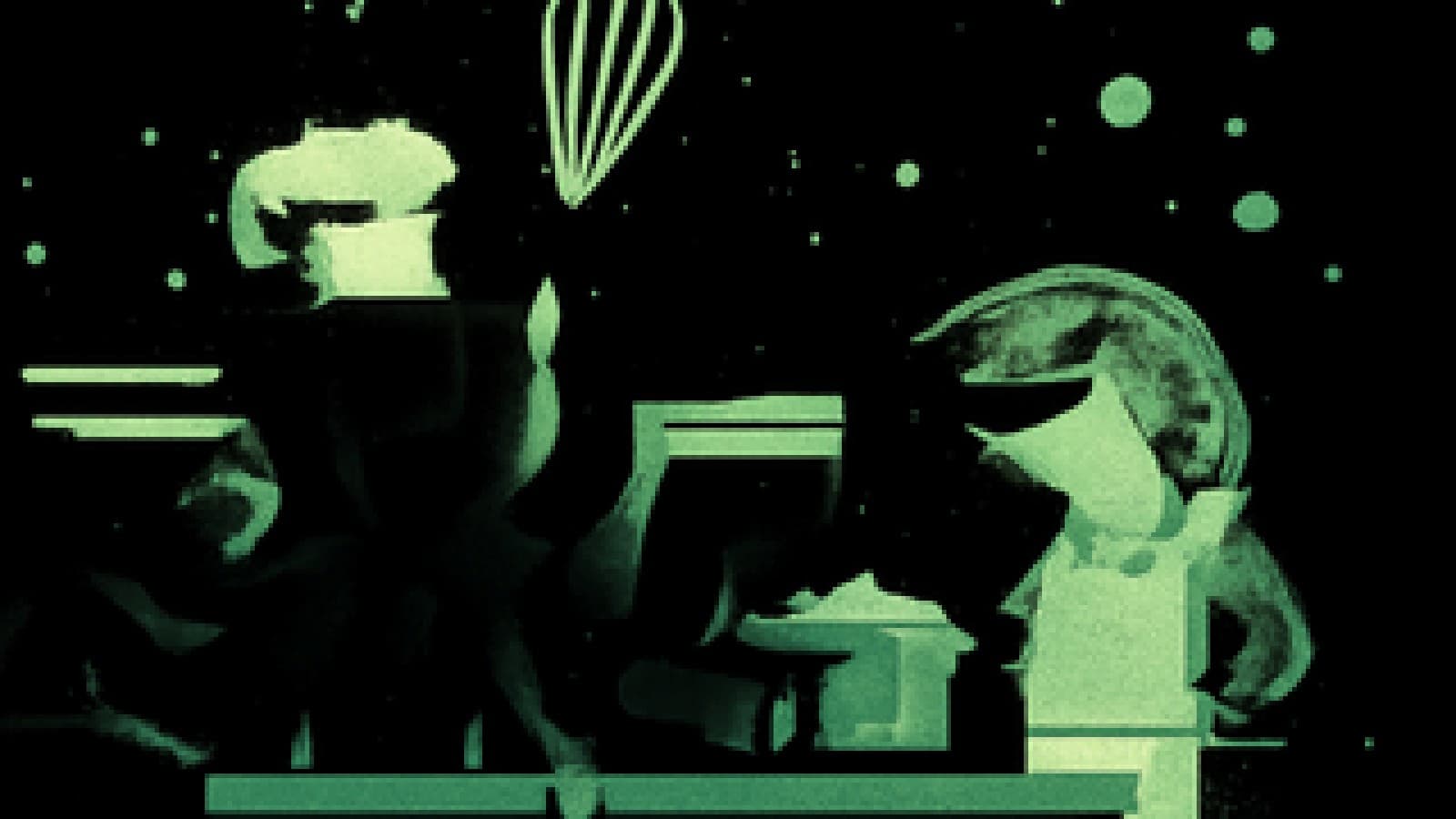 Pixel-art octopus in a chef's hat holding a golden whisk and several plates underwater as a dolphin in an apron watches.