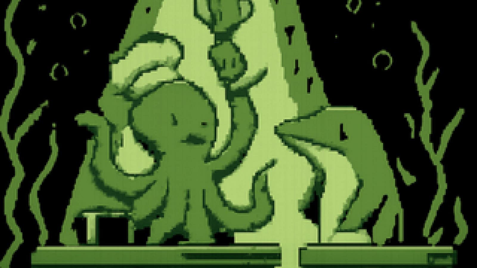 Pixel-art octopus chef raising a golden whisk on an underwater cooking stage while a dolphin watches from another station.