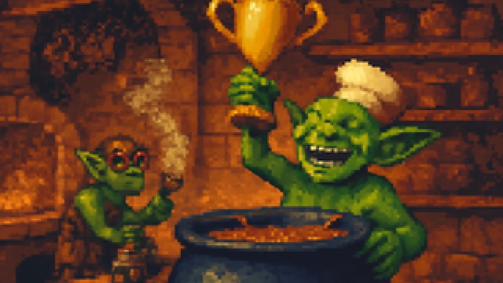 Pixel-art green goblin chef holding a trophy while a goggled tinkerer goblin stands beside a smoking gadget