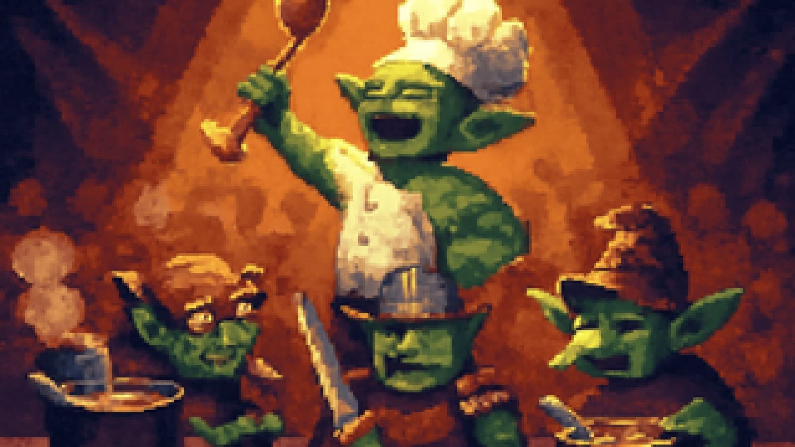 Pixel-art green goblin chef celebrating victory on a cooking show stage as rival goblins look on