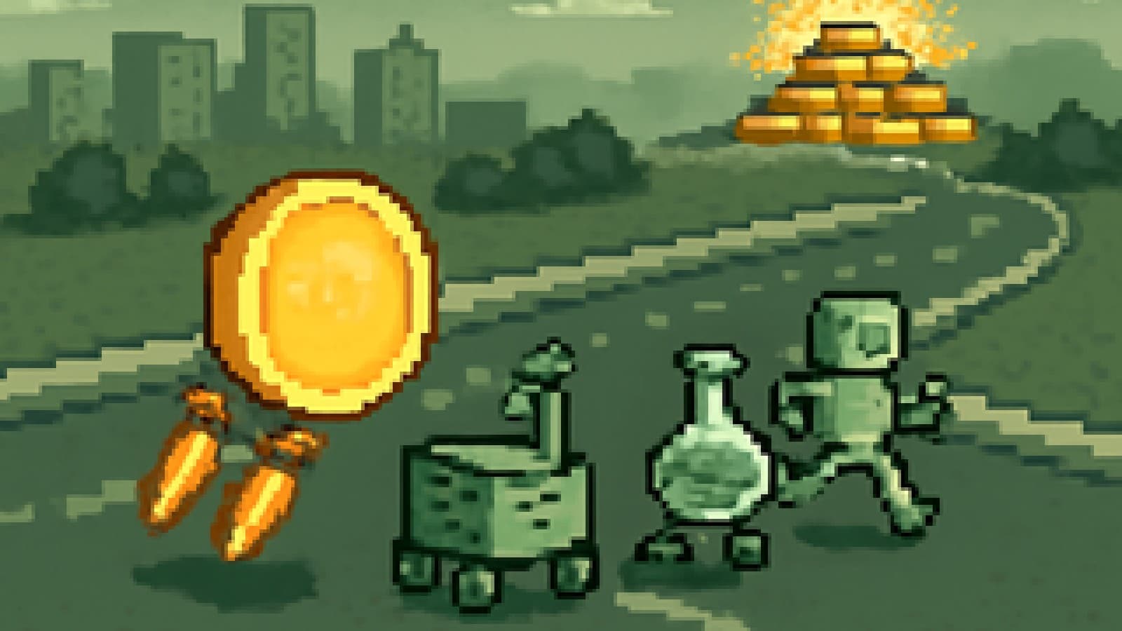 Pixel-art race in which a rocket-powered gold coin leads a factory, a lab flask and a robot toward a mountain of gold.