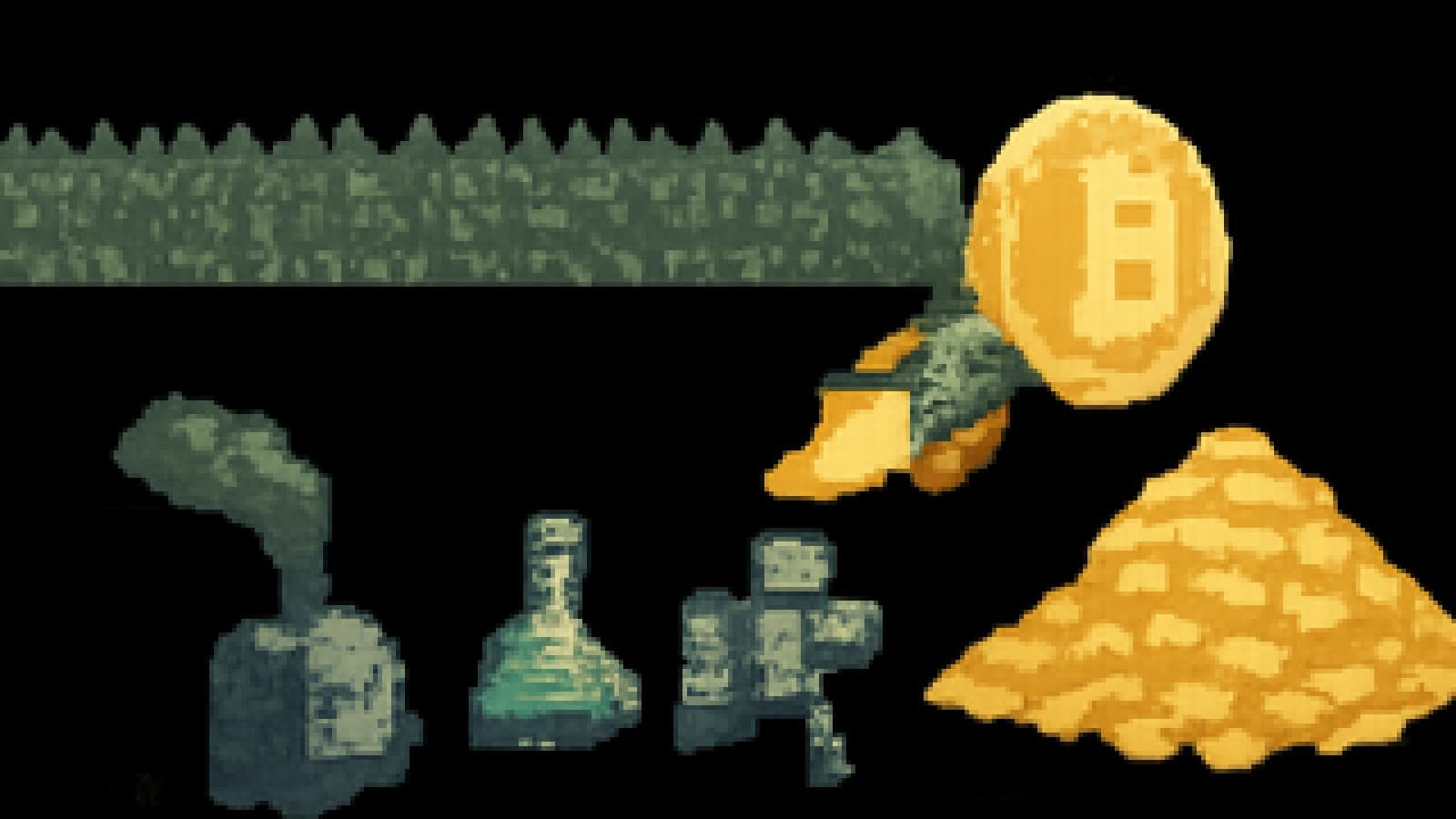 Pixel-art race where a rocket-powered coin leads a factory, a lab flask and a robot toward a golden mountain.