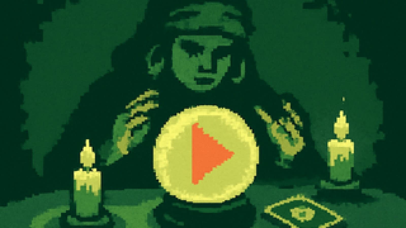 Pixel-art fortune teller's table with a crystal ball glowing with a play button and a face-down camera card nearby.