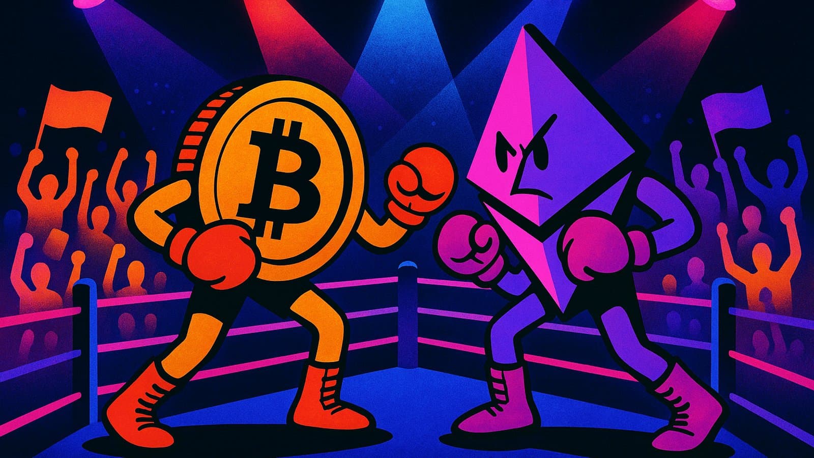 An orange coin fighter and a purple diamond fighter face off in a neon boxing ring in front of a cheering crowd.