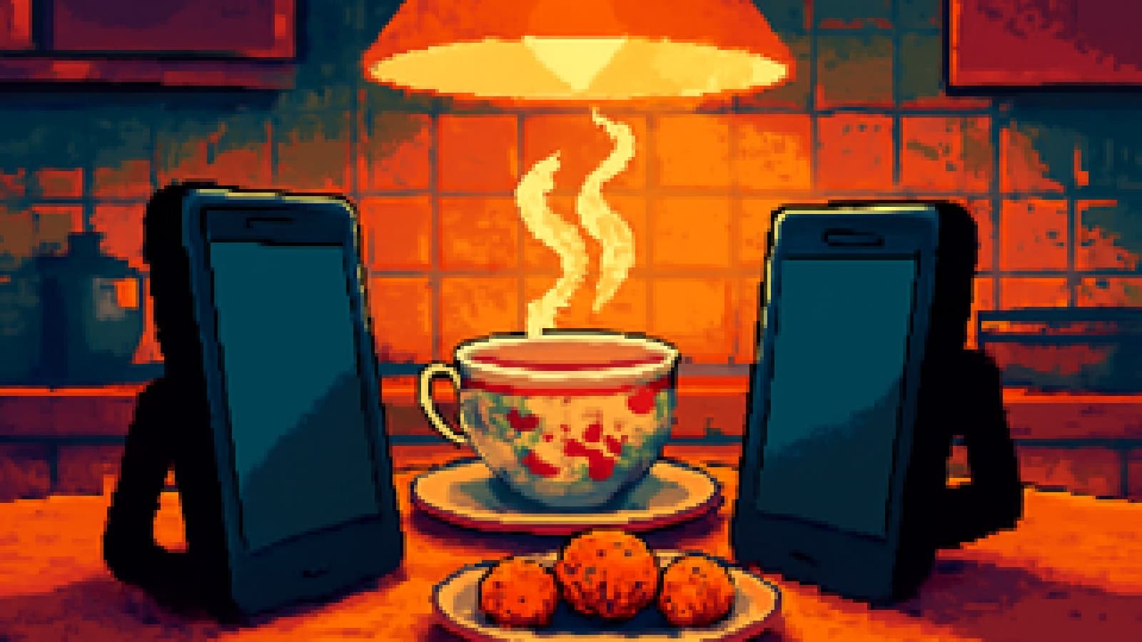 Pixel-art kitchen table with two unbranded smartphones squaring off beside a teacup and biscuits.