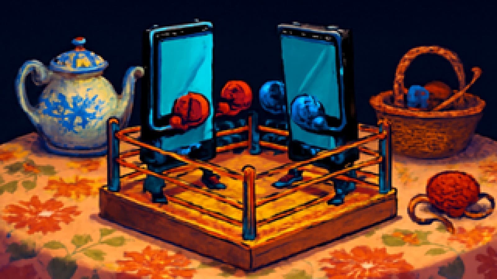 Pixel-art illustration of two unbranded smartphones facing off in a miniature boxing ring on a kitchen table beside a teapot.