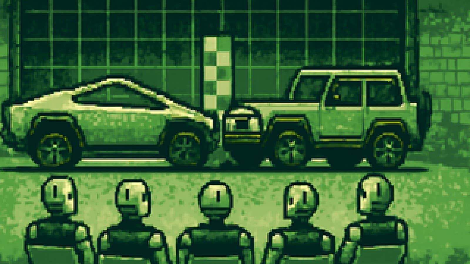Pixel art of a wedge-shaped steel pickup and a boxy off-roader facing off in a crash-test hall while crash-test dummies watch from chairs.
