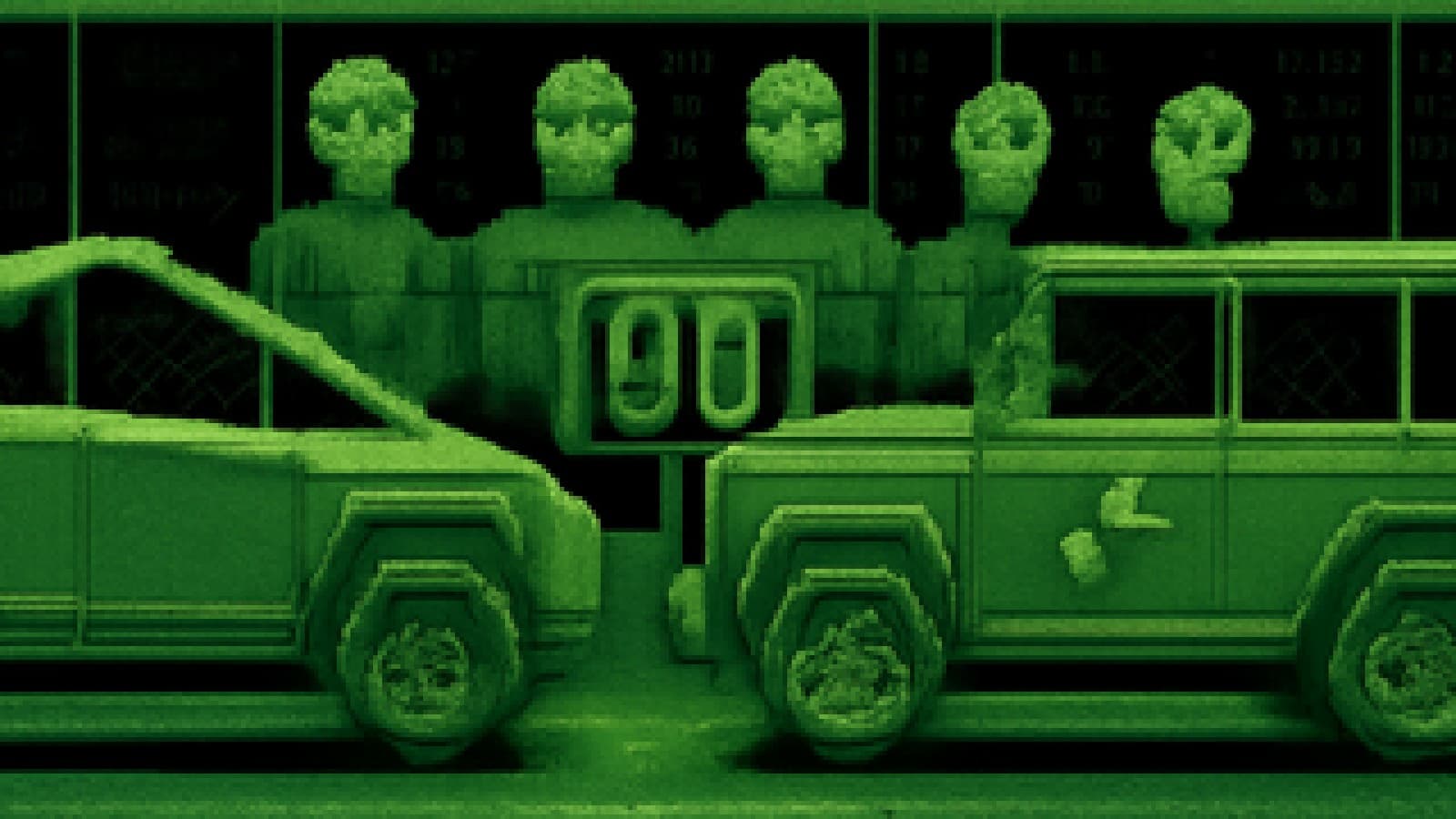 Pixel art of a wedge-shaped steel pickup and a boxy off-roader facing each other in a crash-test hall.