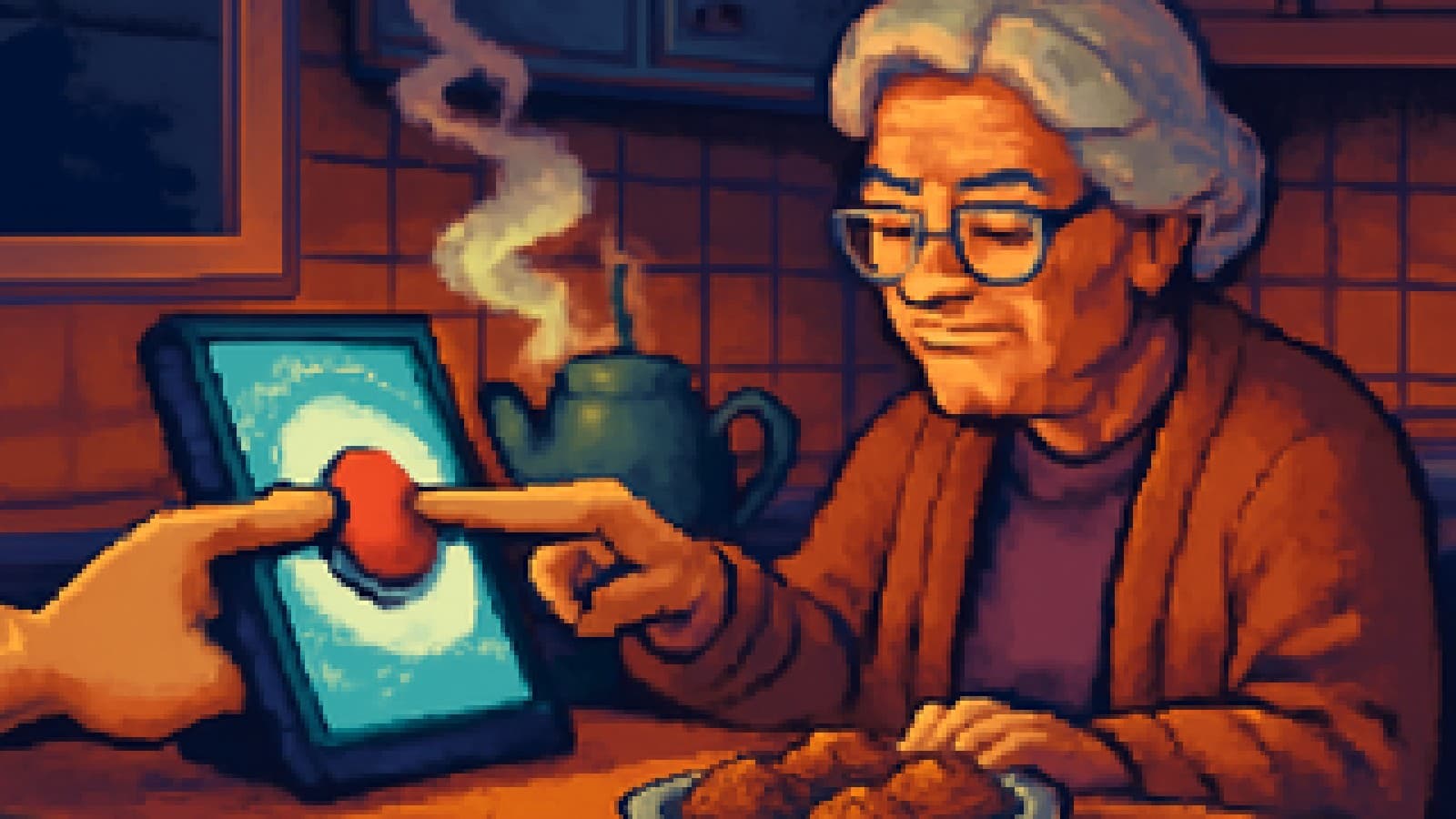 Pixel-art grandmother stopping a finger from pressing a big red button on a tablet in a cozy kitchen