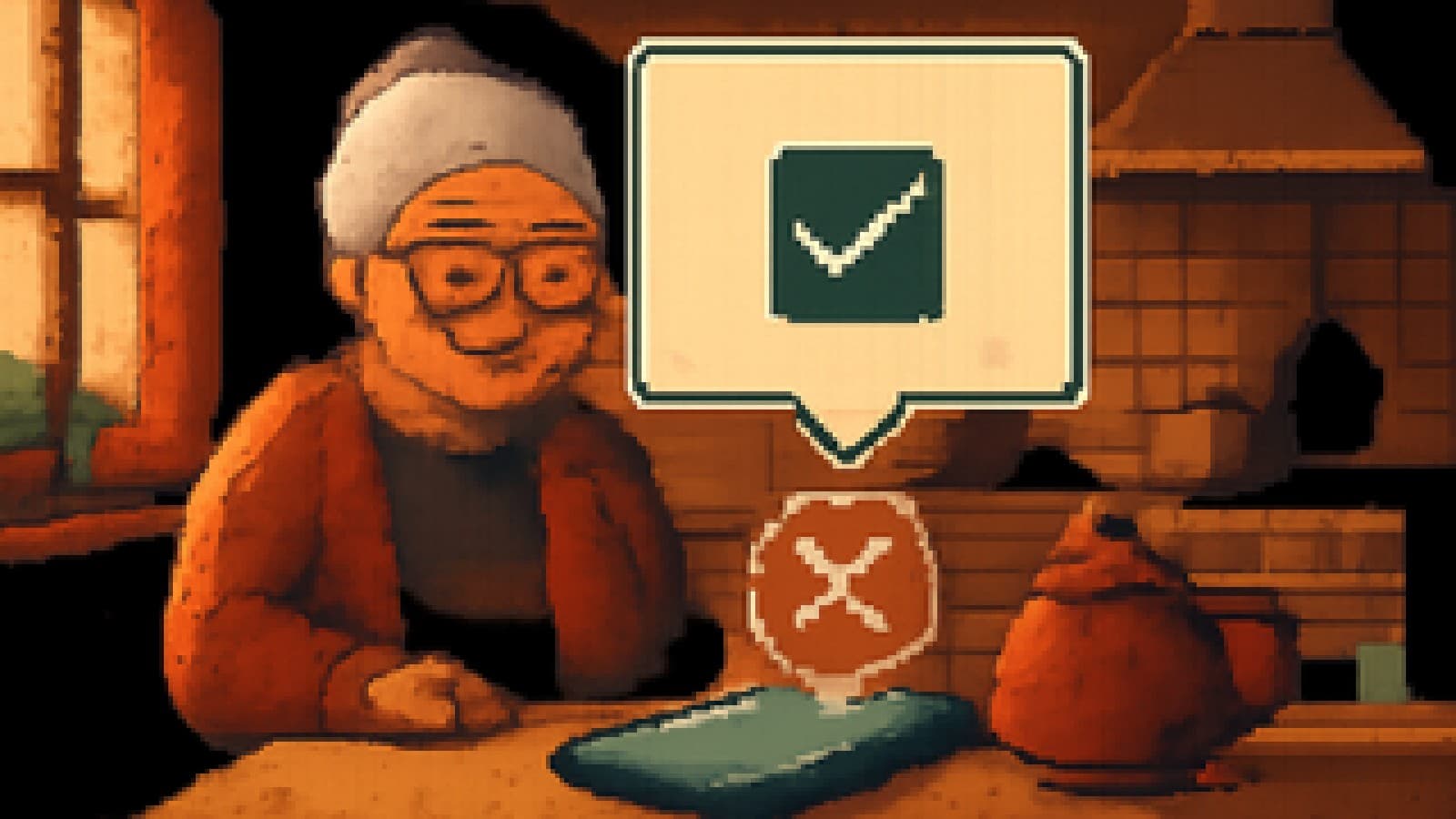 Pixel-art kitchen with a crowned pop-up box floating over a smartphone and a sulking cancel icon beside a teapot