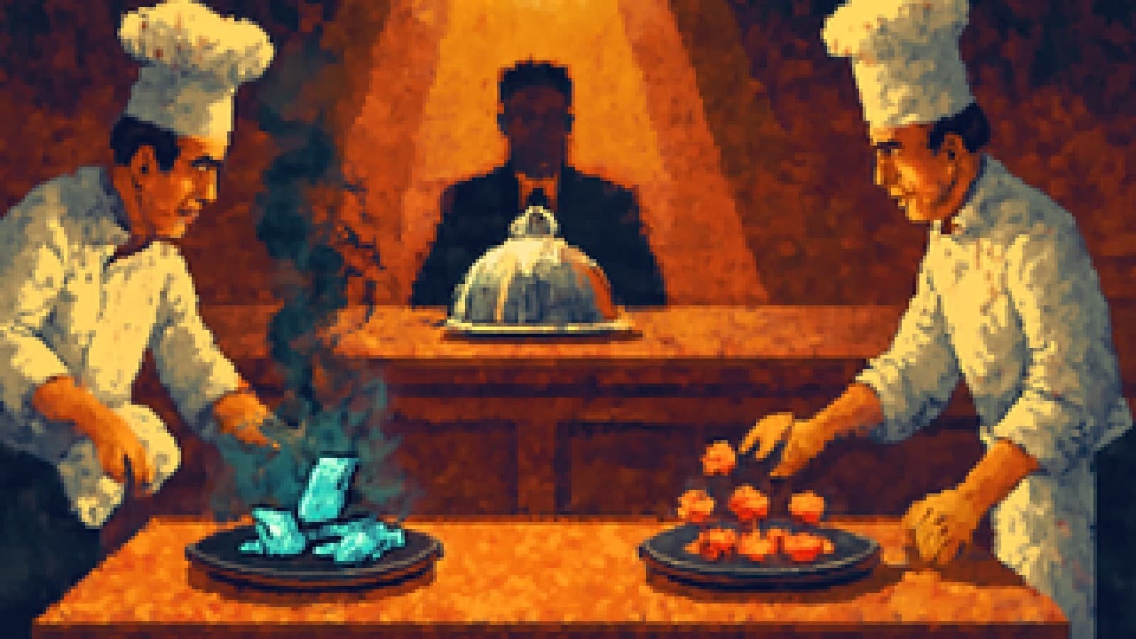 Pixel-art cook-off with two chefs plating dishes made of phone screens and heart shapes before a judges' table.