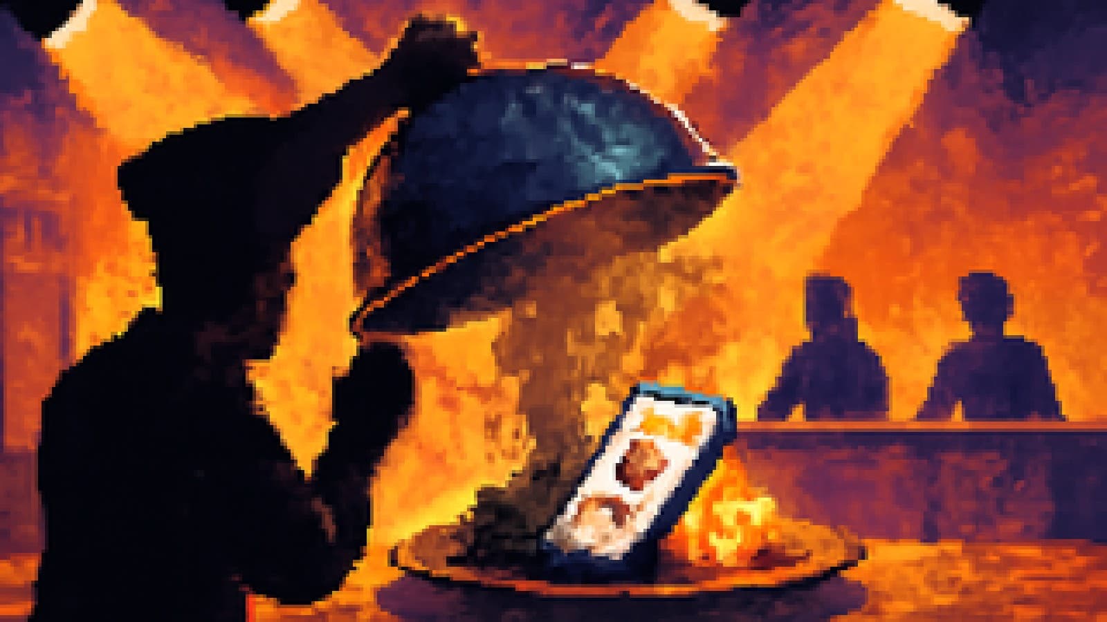 Pixel-art cook-off stage with a dish of glowing phone screens, half burnt and half decorated with hearts, revealed under a silver cloche.