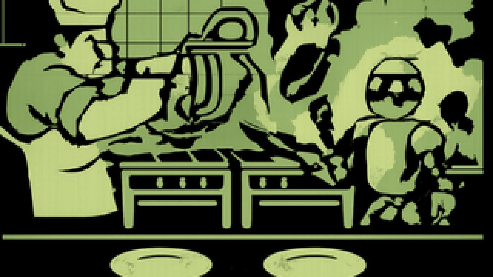 Pixel-art kitchen with a cook connecting pipes between stoves and a robot chef juggling flaming pans.