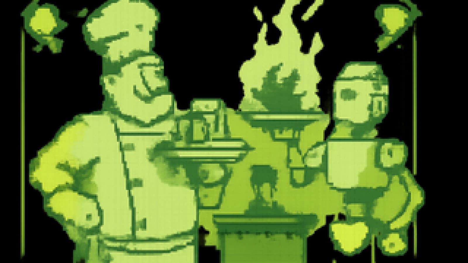 Pixel-art cooking show with a chef serving a plate of connected pipes next to a robot chef holding a flaming dish.