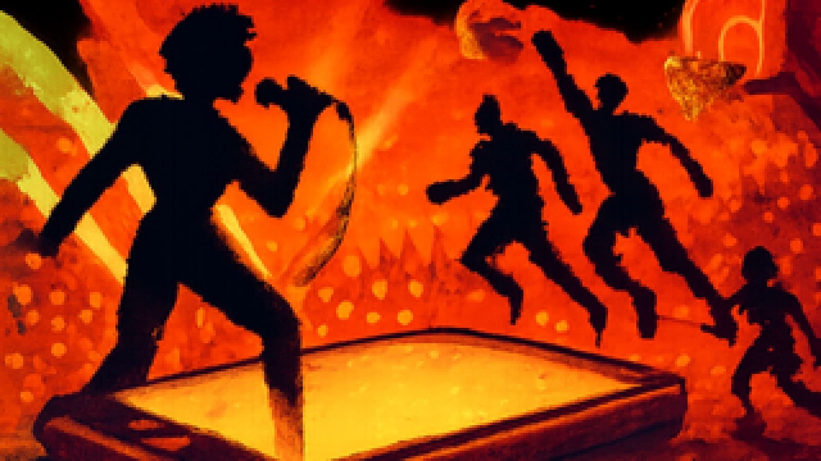 pixel art of a pop star and trick-shot athletes facing off inside a giant smartphone arena