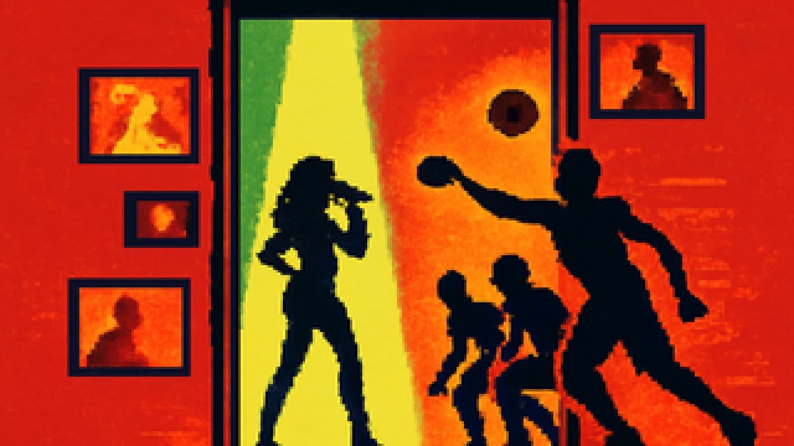 pixel art of a pop star and a trick-shot crew facing off inside a giant smartphone screen