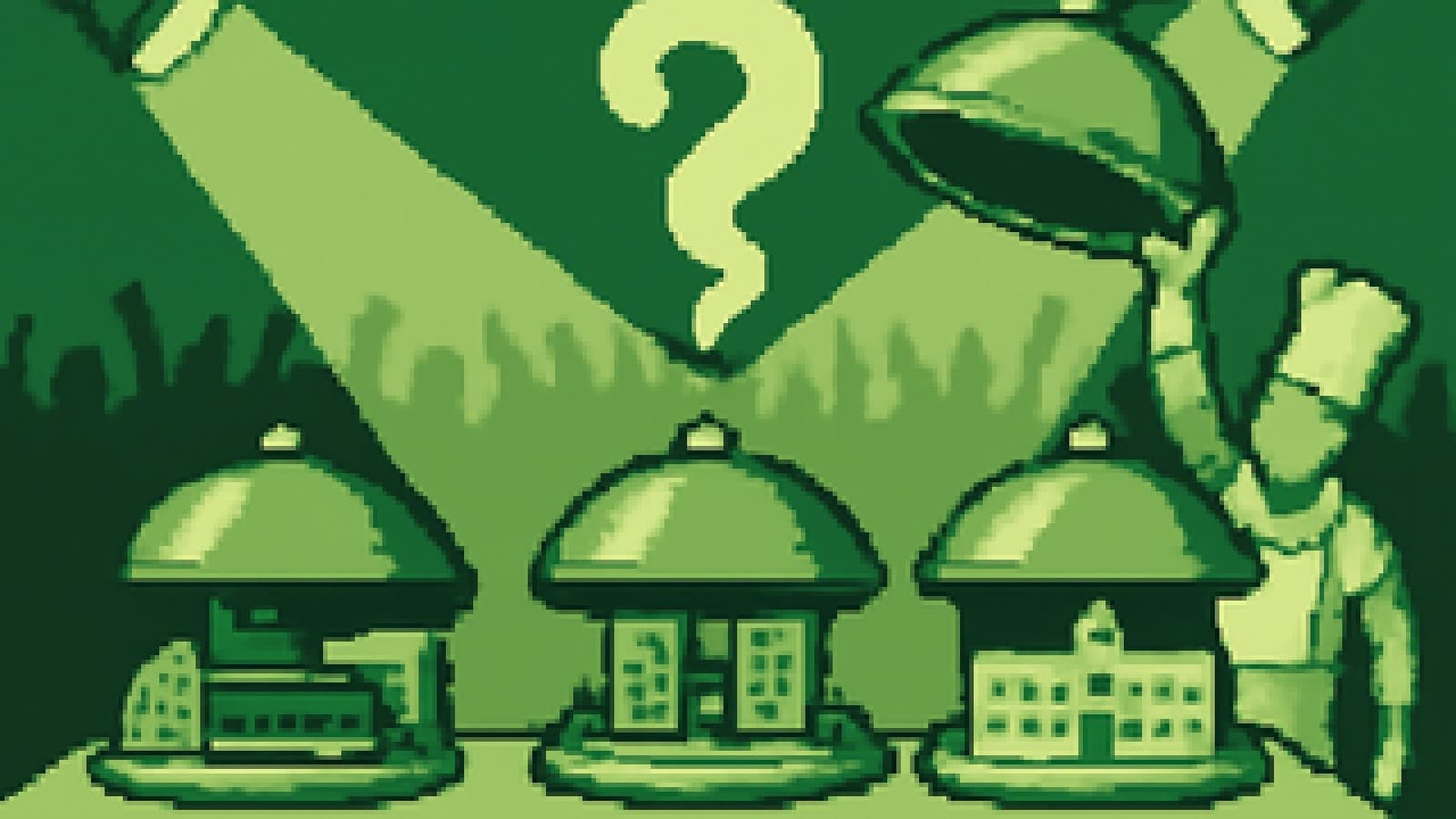 Pixel-art cook-off table with campus dioramas under cloches and one cloche revealing only steam.