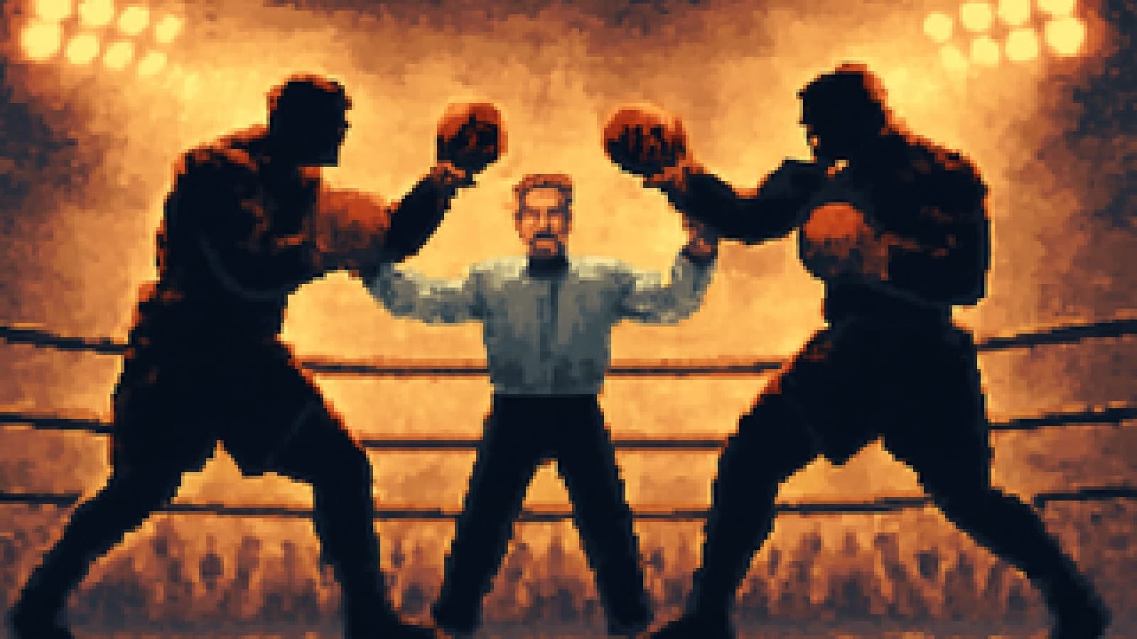 Pixel-art boxing ring where a referee raises the gloves of two silhouetted heavyweights at once, calling it a draw