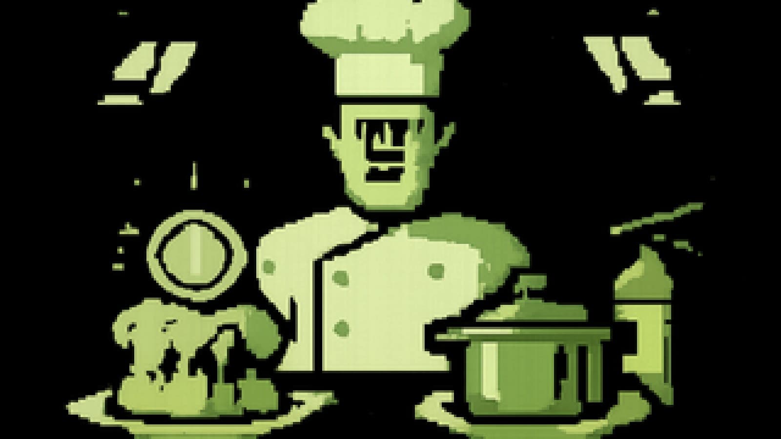 Pixel-art judging table with a collapsing golden coin soufflé next to a covered pot and a fire extinguisher.
