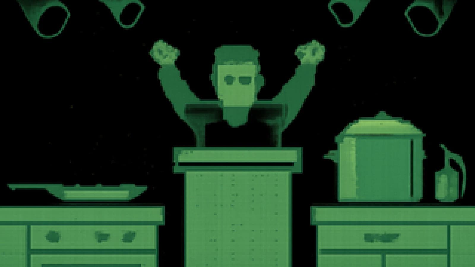 Pixel-art cooking-show stage with a flaming pan of gold coins on one side and a covered pot beside a fire extinguisher on the other.