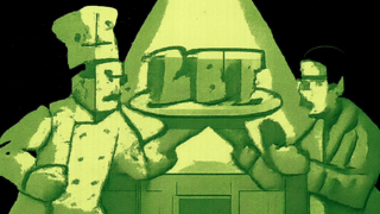 Pixel-art illustration of two rival chefs fighting over a platter of giant letter-shaped pastries on a cooking show stage.