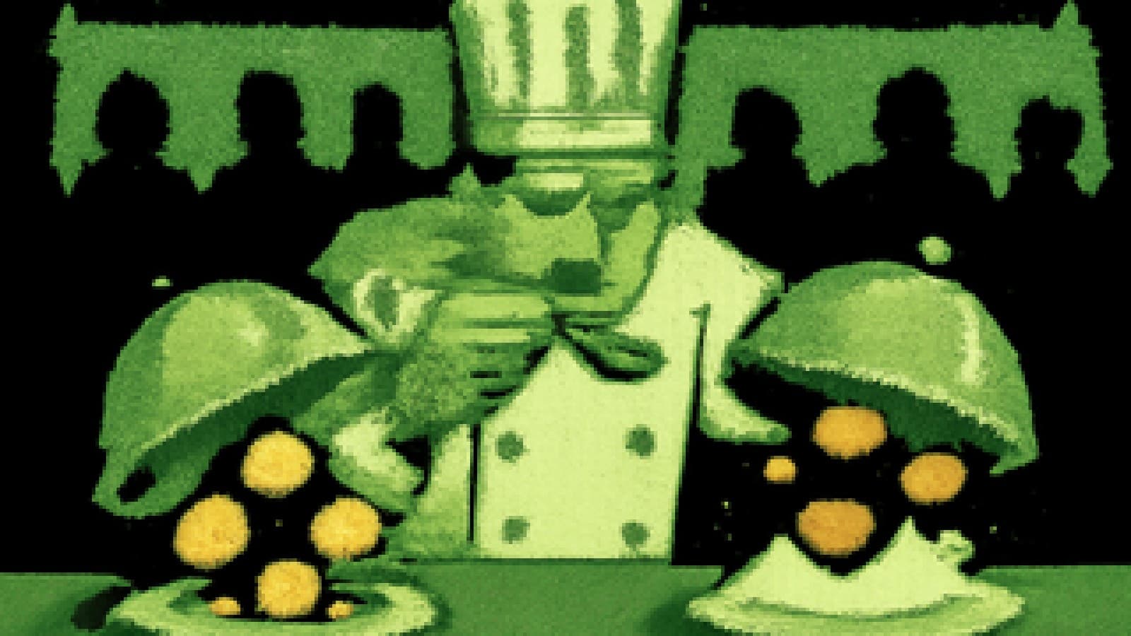 Pixel-art judge leaning over two covered dishes, one glowing with coins and one with hearts