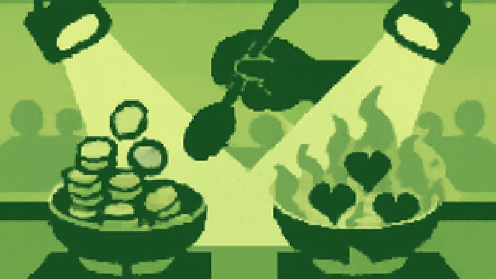 Pixel-art cook-off with a pan of gold coins facing a pan of red hearts under studio lights