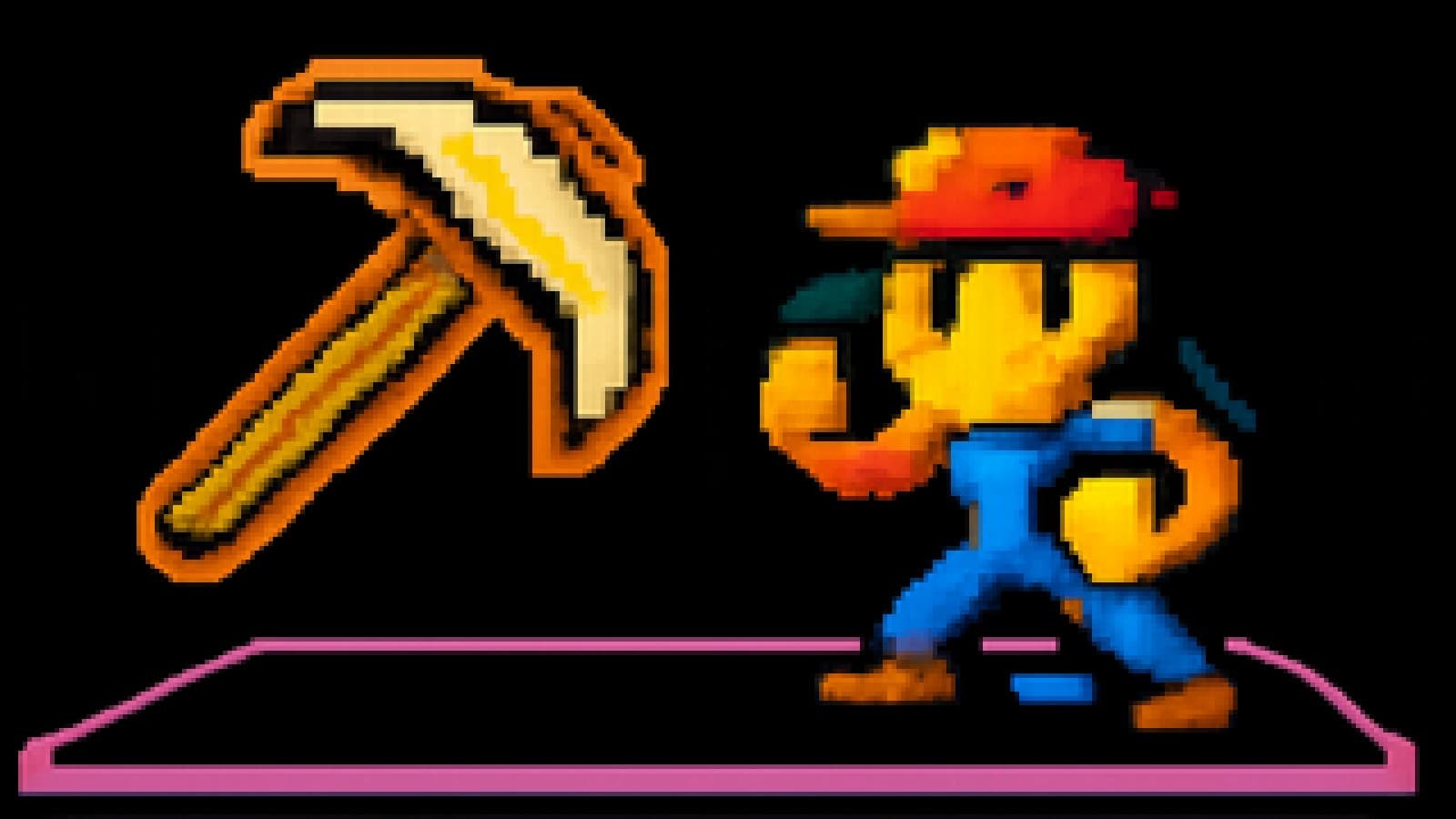 Illustration of a blocky pickaxe and a blocky avatar squaring off on a neon stage in front of a crowd