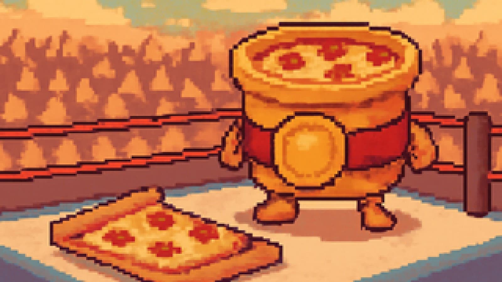 Pixel-art deep-pan pizza wearing a championship belt standing over a flattened delivery pizza in a wrestling ring