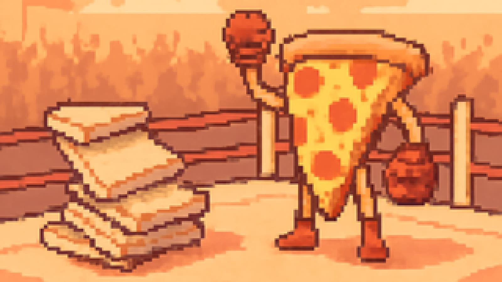 Pixel-art deep-pan pizza celebrating victory in a boxing ring over a toppled stack of delivery pizza boxes