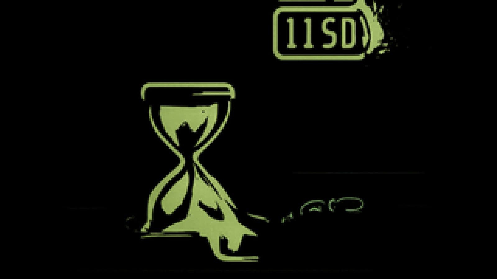 Pixel-art hourglass melting into a frying pan beside a dissolving floating oven clock in a dark kitchen