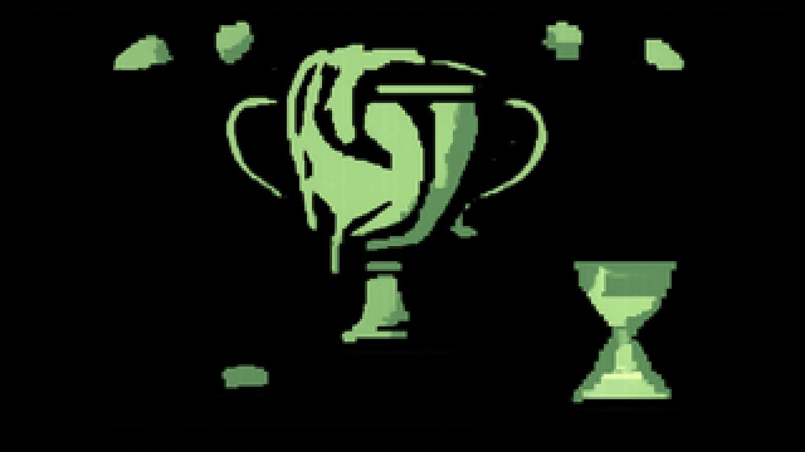 Pixel-art cooking show stage with a trophy holding a melting clock and a dejected hourglass nearby