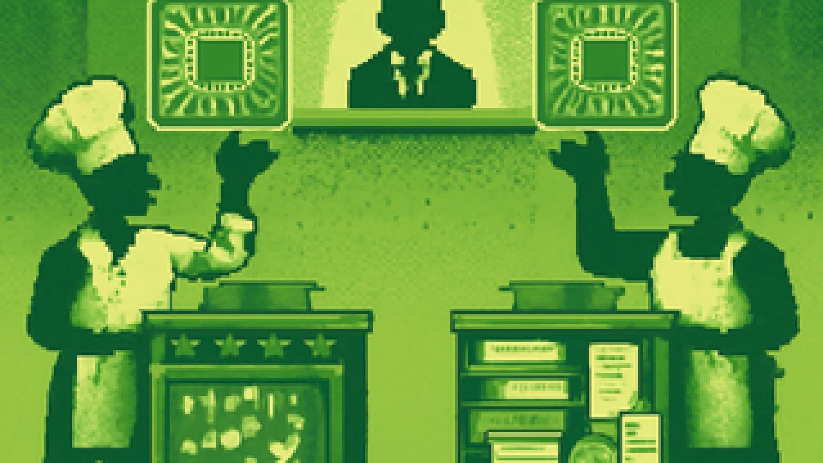 Two pixel-art chefs presenting identical circuit-board dishes at the same moment, one surrounded by market screens and the other by rulebooks.