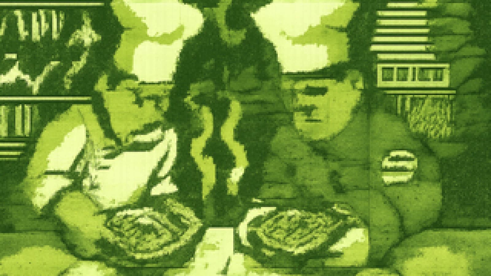 Two pixel-art chefs, one surrounded by market tickers and one by rulebooks, put identical microchip dishes on a judging counter at the same moment.