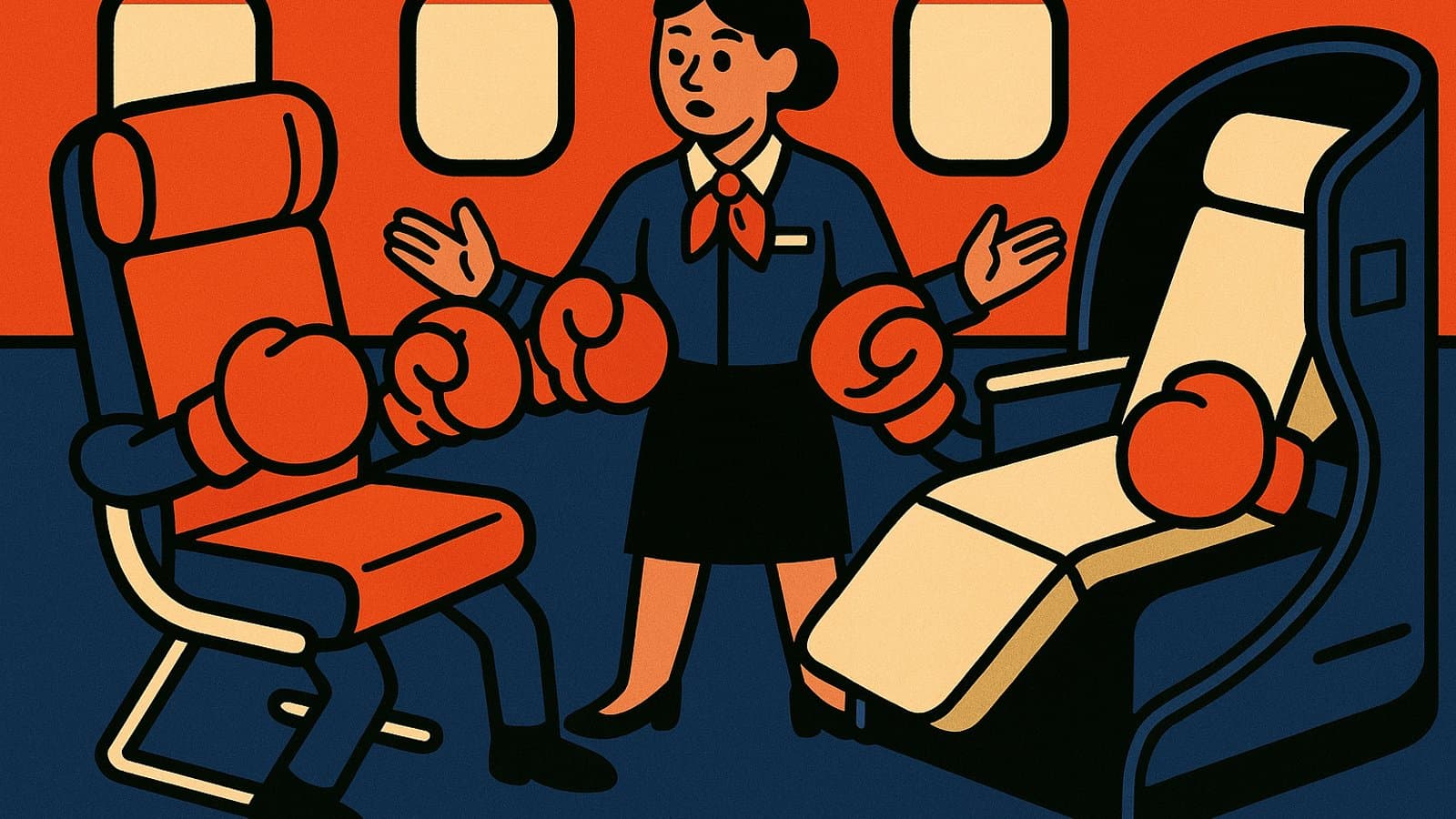 Cartoon of an economy plus seat and a business class pod squaring off like boxers inside an airplane cabin
