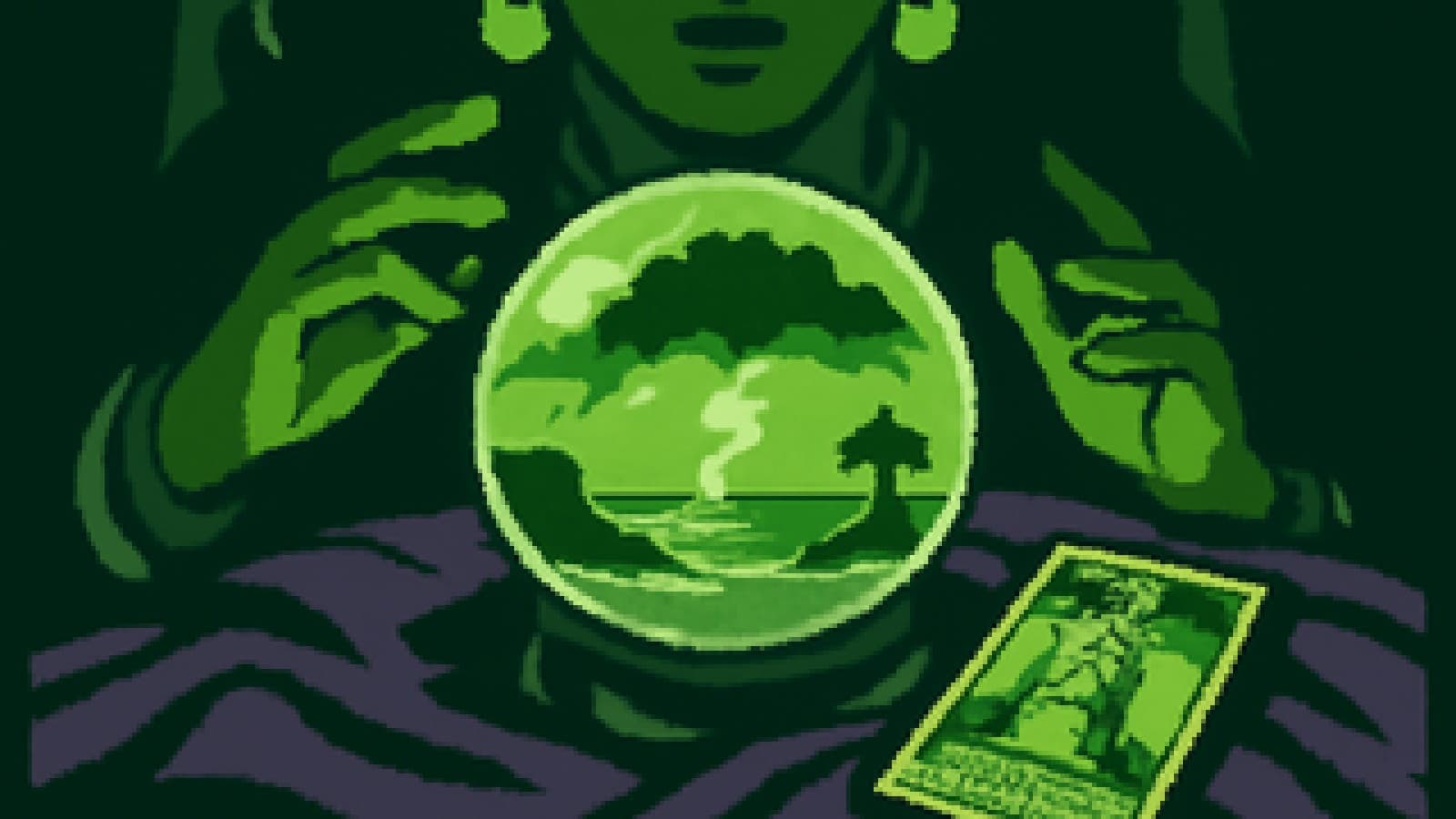 Crystal ball showing a storm over the sea between a coastline and a tropical island, next to a Tower tarot card on velvet.