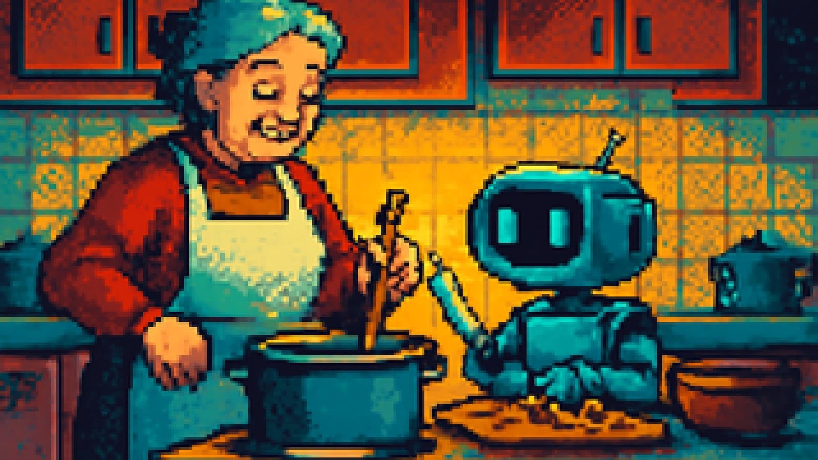 Pixel-art grandmother stirring a pot while a small robot chops carrots and waits for directions.