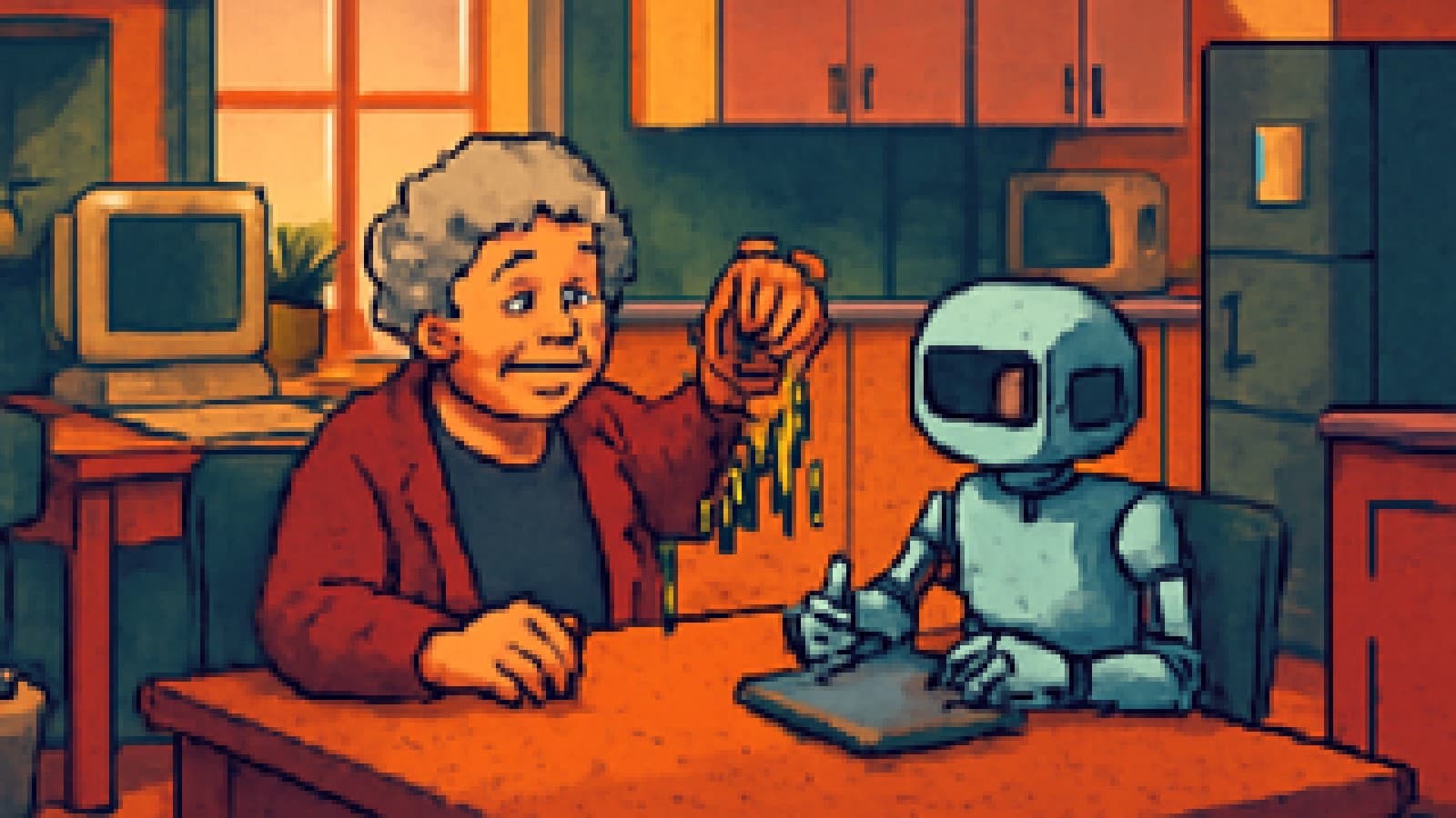 Pixel-art grandmother holding a ring of keys at the head of a table, with a small robot taking notes beside her.