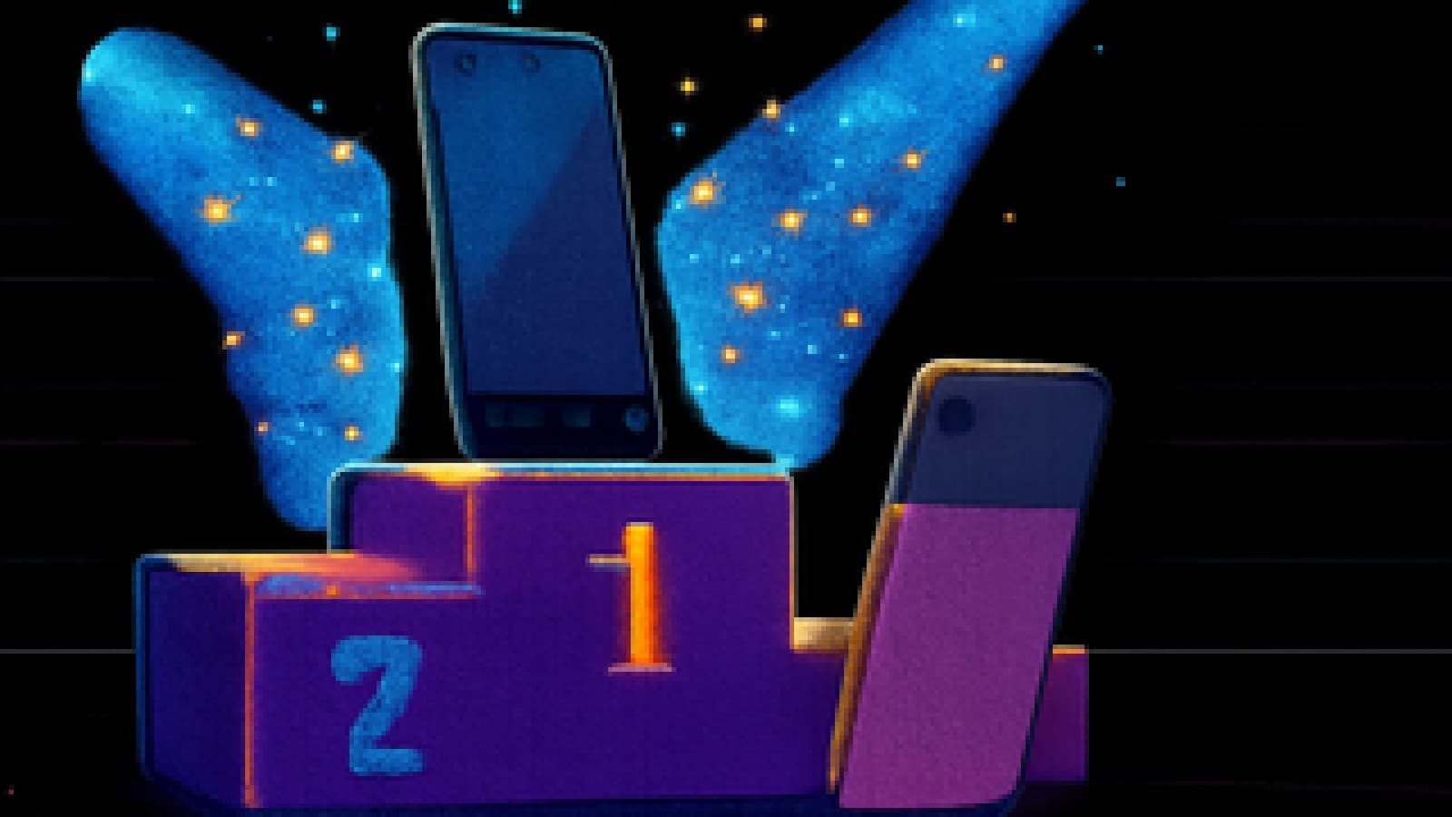 Pixel-art podium with a generic Android phone in first place under confetti and a second smartphone on the lower step.