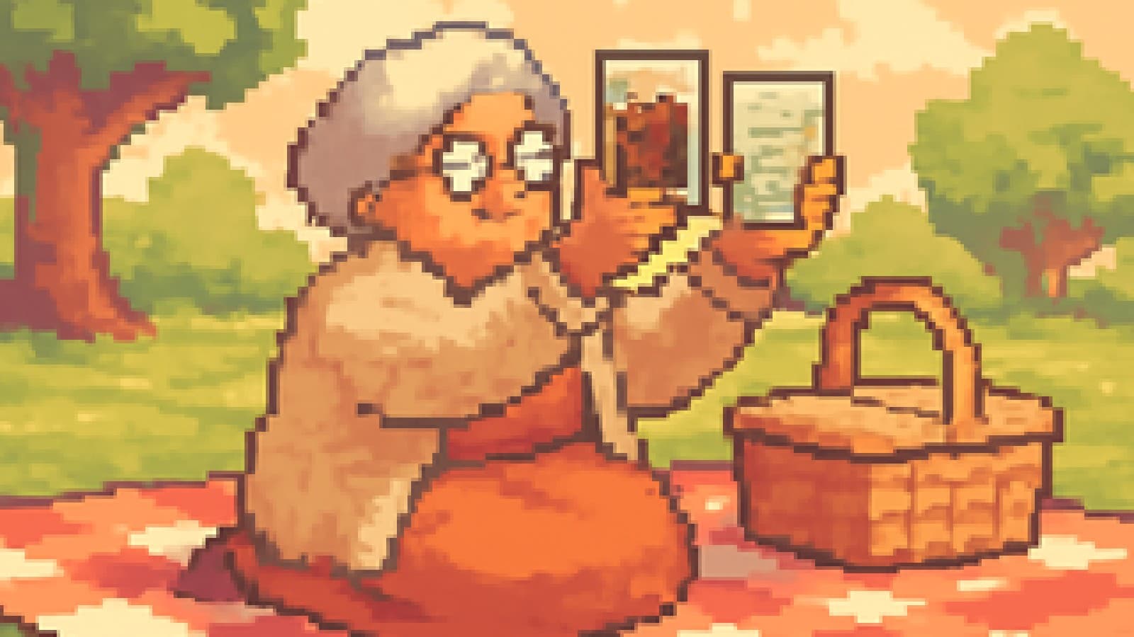 A pixel-art grandmother at a picnic holding up a glass of dark cola and a glass of clear lemon-lime soda.
